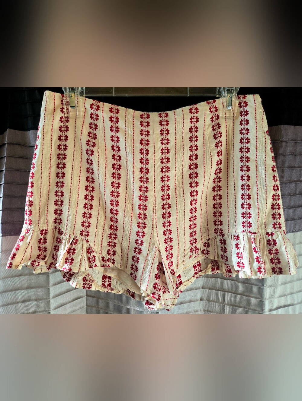 Cotton Candy LA Cream and Red Floral Stripe Ruffle Shorts